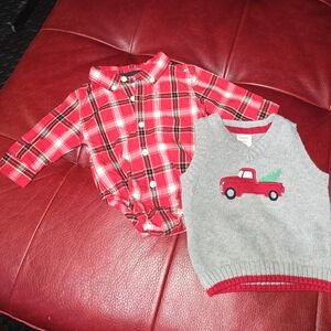 🌲Gymboree CHRISTMAS Newborn Boy Plaid bodysuit and Sweater Vest with Truck🌲